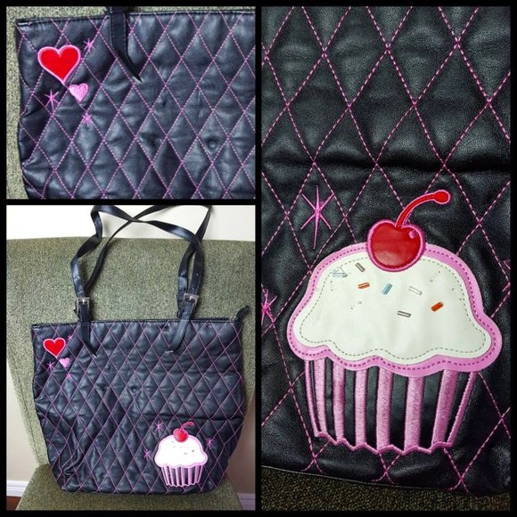 Vintage Repro Fluff Quilted Cupcake Tote bag Black - Picture 1 of 1